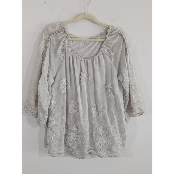 Tempo Paris Ivory Boho Tunic 3D Flowers Sequins Flowy Fairy 3/4 Sleeve Sz L - Picture 1 of 11